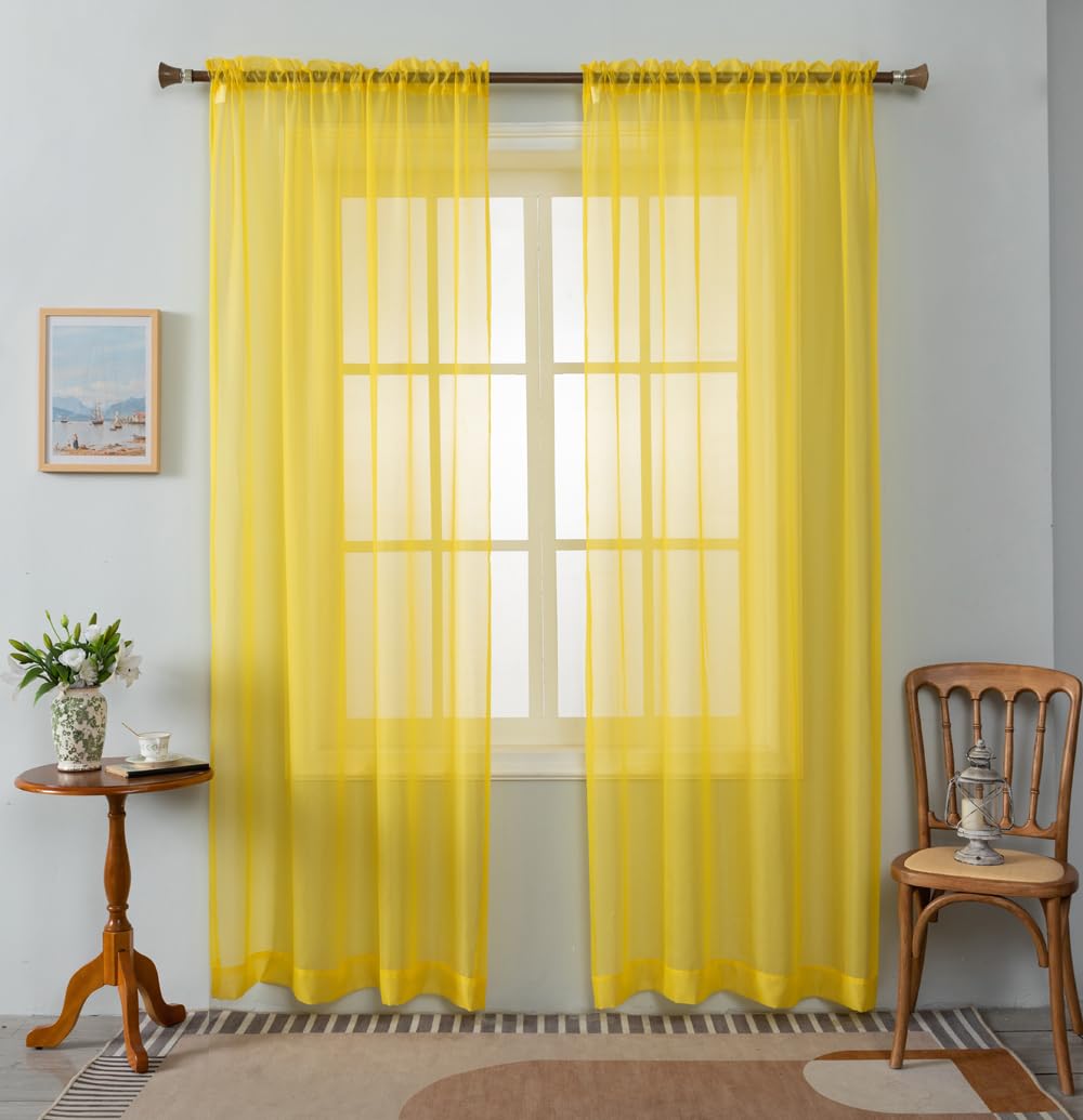WPM Yellow Color Sheer Curtains 58" Wide x 84" Long 2 Panels Livingroom Window Treatment Rod Pocket Sheer Voile for Bedroom, Kitchen, Children Room Fully Stitched and Hemmed