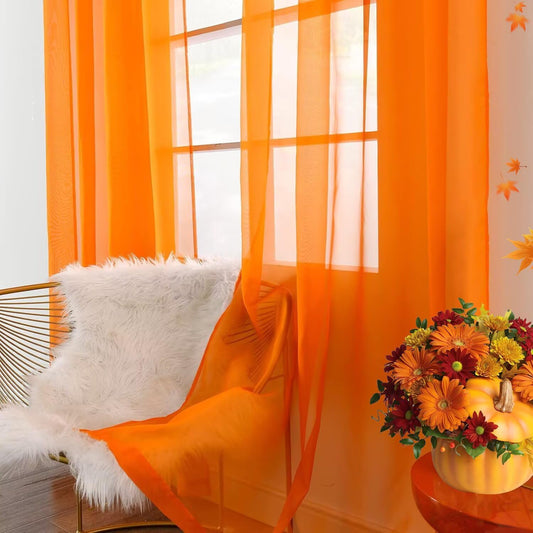 youleyar Solid Sheer Rod Pocket Curtain Voile Draperies 2 Panels White Beige Black Grey Coffee 52 Inch Width 84 Inch Long 1 Pair for Kitchen Bedroom Children Living Room Yard (Orange,52Wx84L)