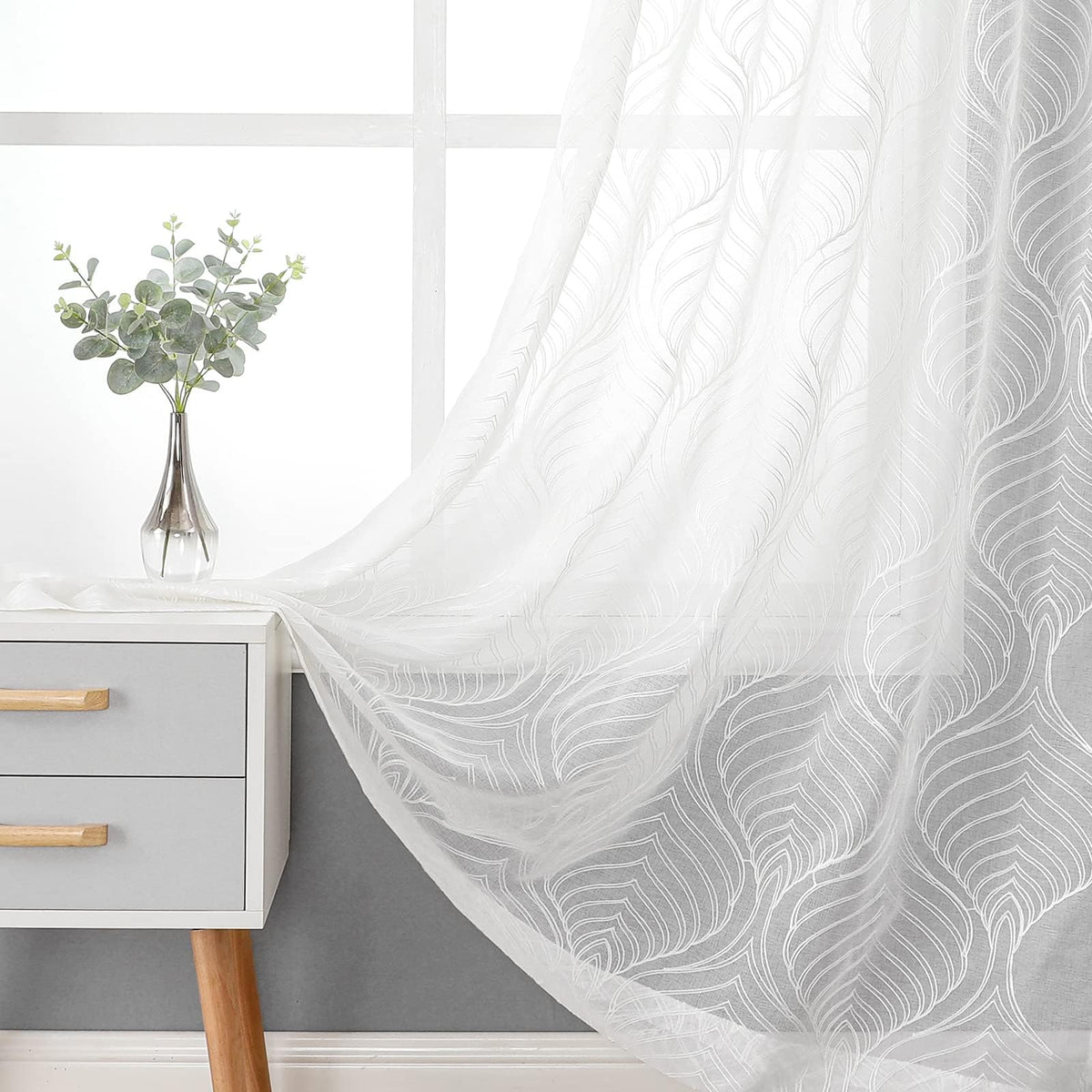 VISIONTEX White Sheer Curtains Grey Moroccan Embroidered 63 Inch Length