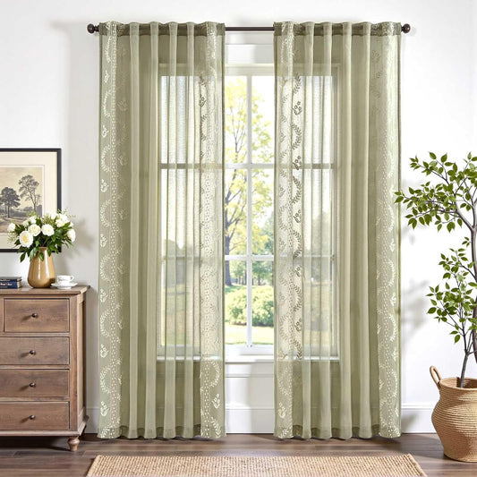 jinchan Floral Sheer Curtains, Back Tab 50x84 Inch, 2 Panels Green