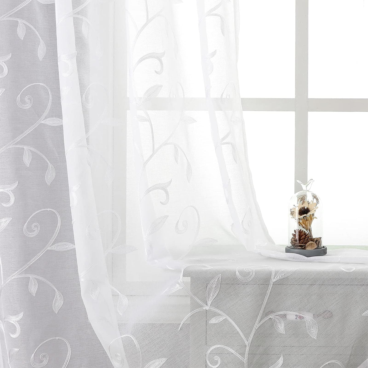 VISIONTEX Sheer Curtains Boho Leaf Floral Embroidered Cream Beige 54Wx84L