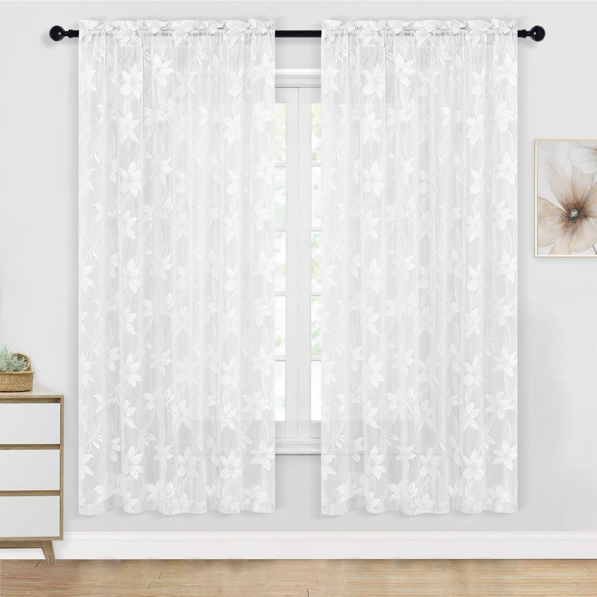 DWCN White Sheer Curtains - Short Curtains Floral Lace Design Rod Pocket Window Voile Sheer Drapes for Bedroom Kitchen Small Window 42 x 54 inch Length, 2 Panels White