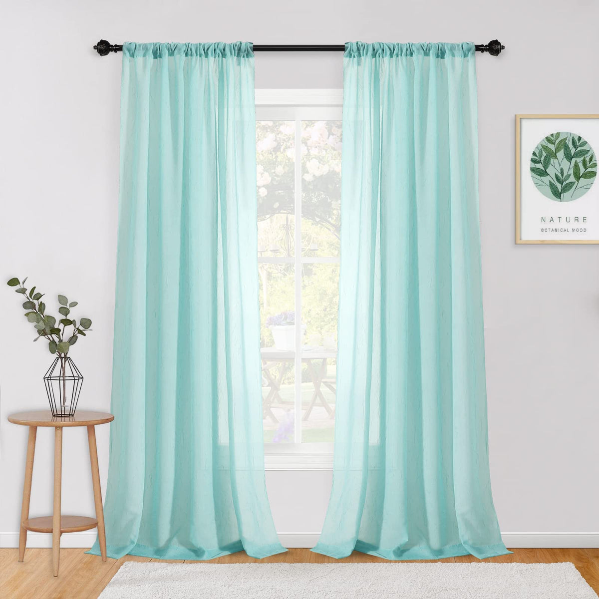MYSKY HOME Yellow and Blue Sheer Floral Curtains 84 Inch Length 2 Panels