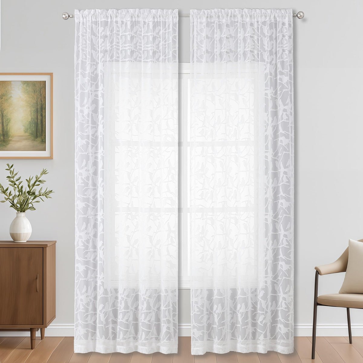 OVZME Sage Green Sheer Curtains 63 Inch Length 2 Panel Set, Light Filtering Bedroom Curtains with Dual Rod Pocket Top, Leaf Bird Clip Jacquard Sheer Farmhouse Window Drapes for Living Room, 2x38Wx63L