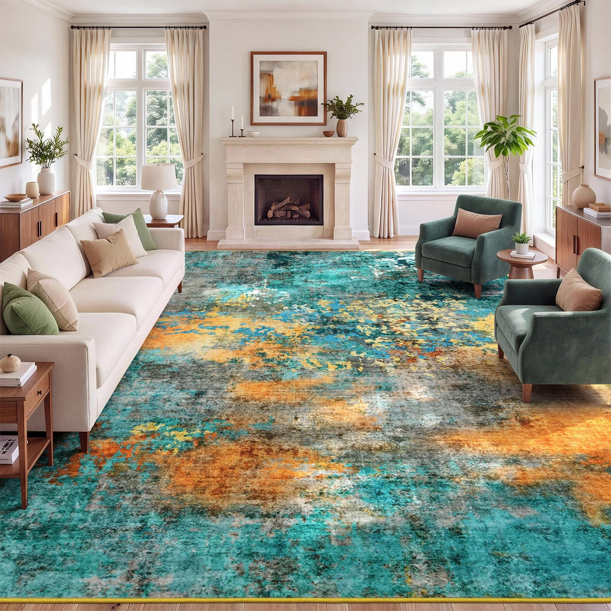 8x10 Area Rug for Living Room, Abstract Washable Non-Slip Large Rugs, Gold