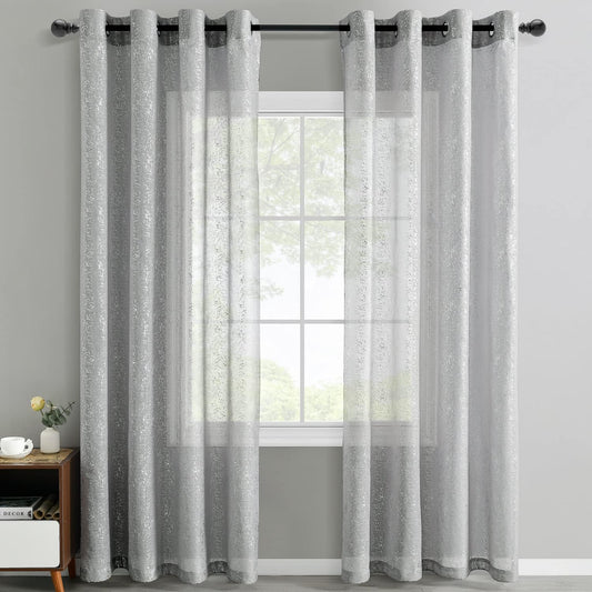 Silver Grey Sheer Curtains with Foil Dots, Grommet, 2 Panels 52 x 84 Inch