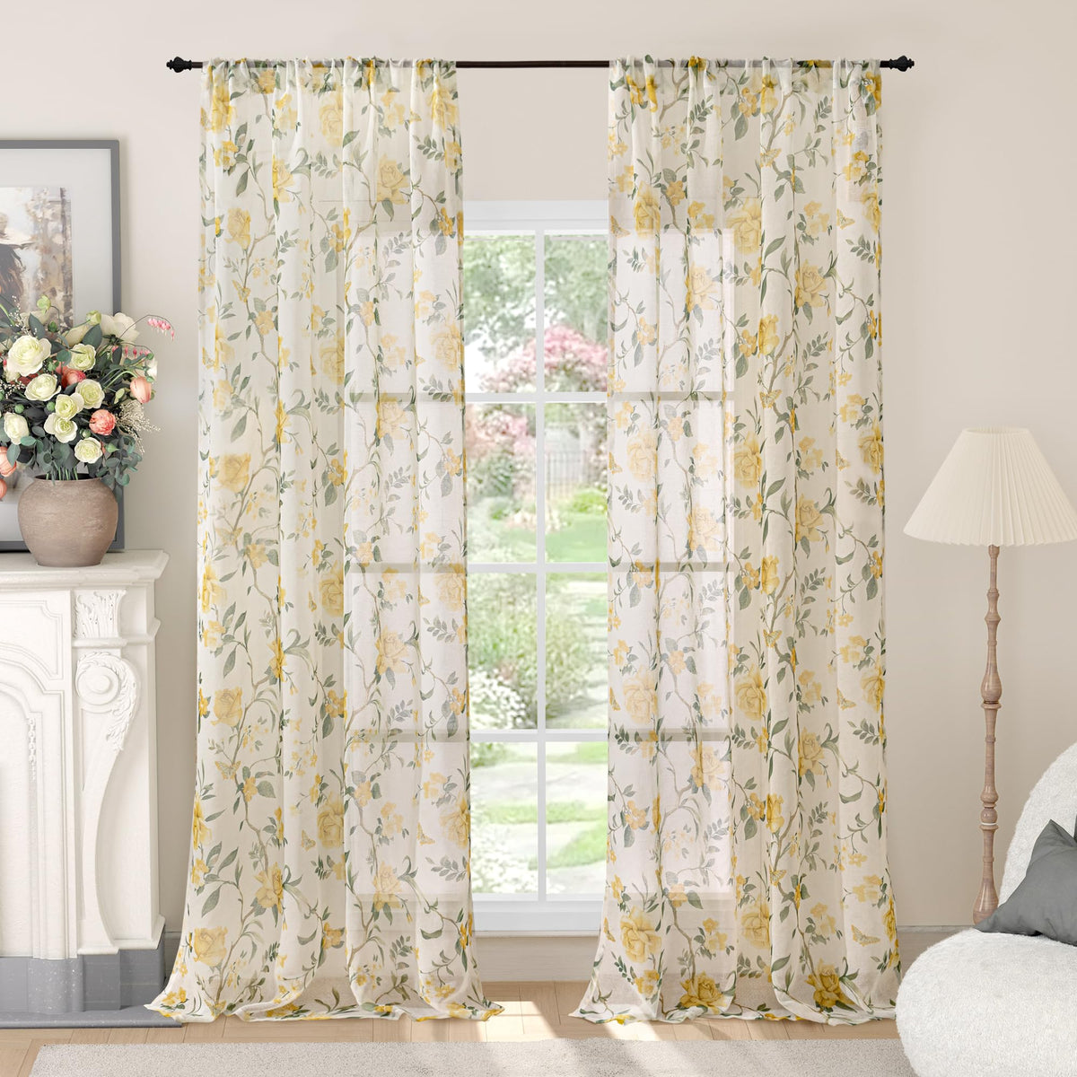 Lajode Pink Floral Sheer Curtains for Girls Room - 52x84 Inch 2 Panels