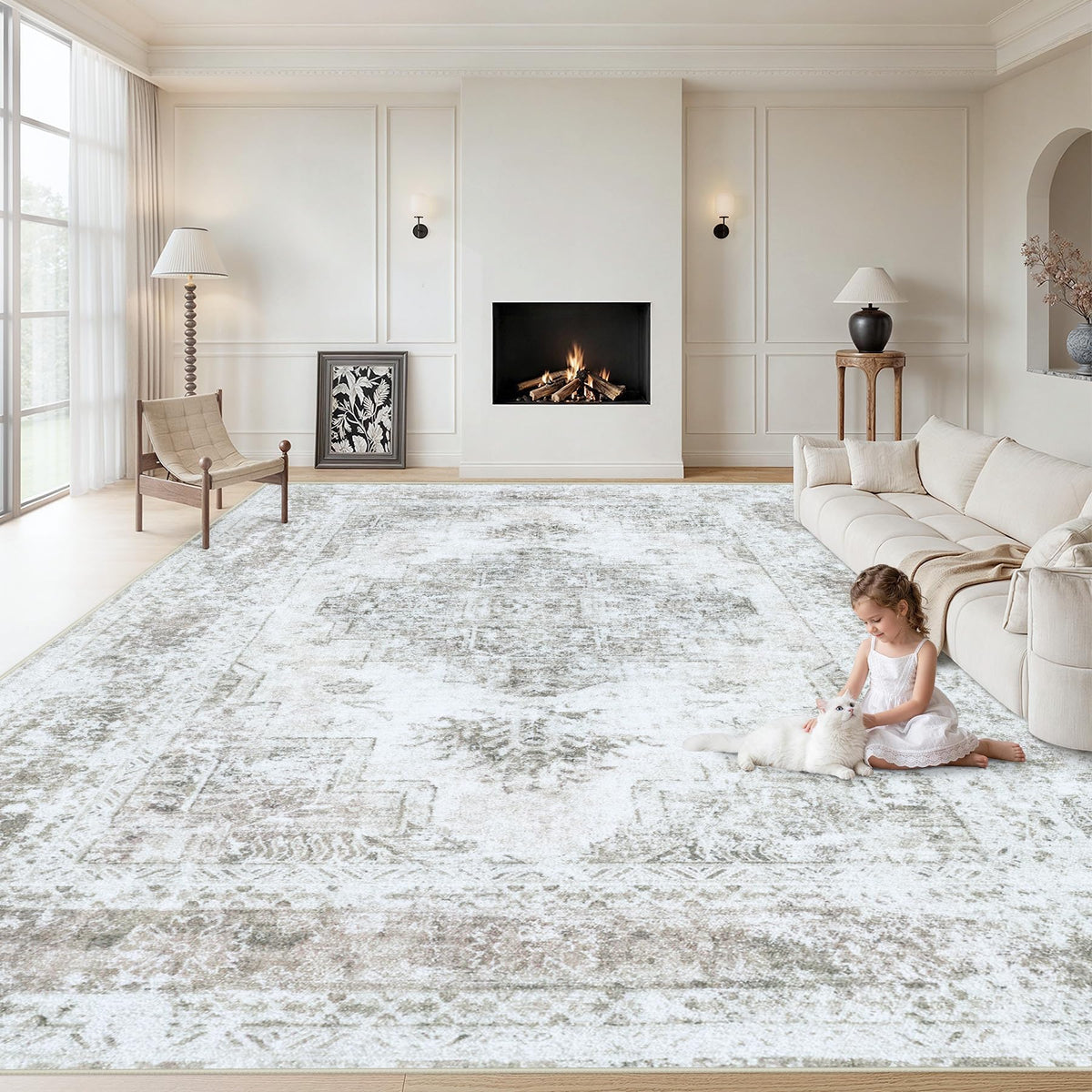 XLUEZ Area Rug 8x10 Living Room Rug, Machine Washable Vintage Distressed Medallion Rug Non-Slip Soft Low Pile Large Indoor Rugs for Bedroom Dining Room Office Children's Room (Beige,8'x10')