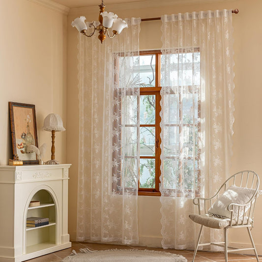 MEETSKY White Lace Curtains 84 Inches Long Floral Victorian Sheer Curtains