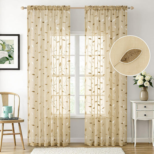 MIULEE Beige Sheer Curtains 2 Panels Embroidered Leaf Patterned, W52 x L84
