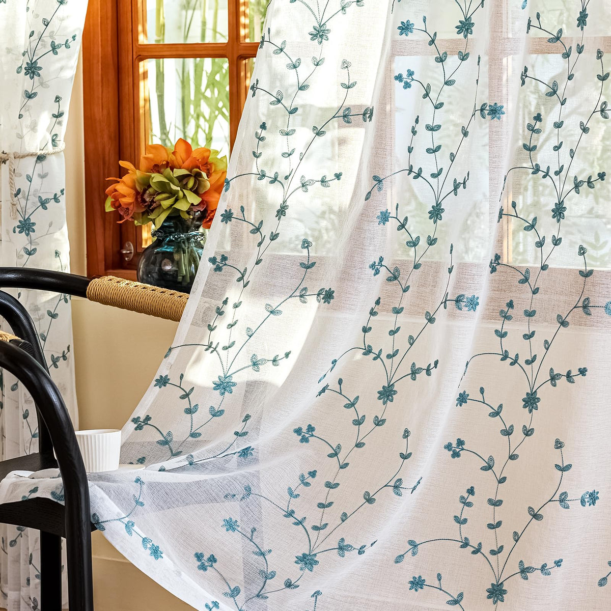 AmHoo 2 Panels Leaf Flora Embroidered Farmhouse Semi Sheer Curtain Voile Curtains for Living Room Bedroom Window Treatment White Sage Green 53 x 84 Inch