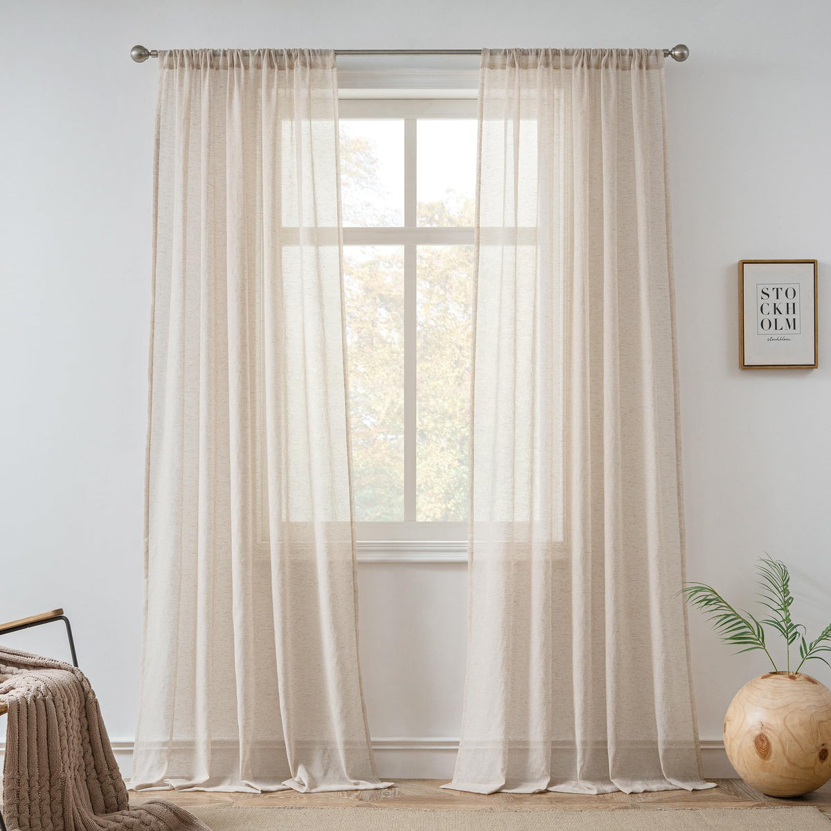 FMFUNCTEX Beige Linen Pinch Pleated Sheer Curtains, 96 Inches, 2 Panels