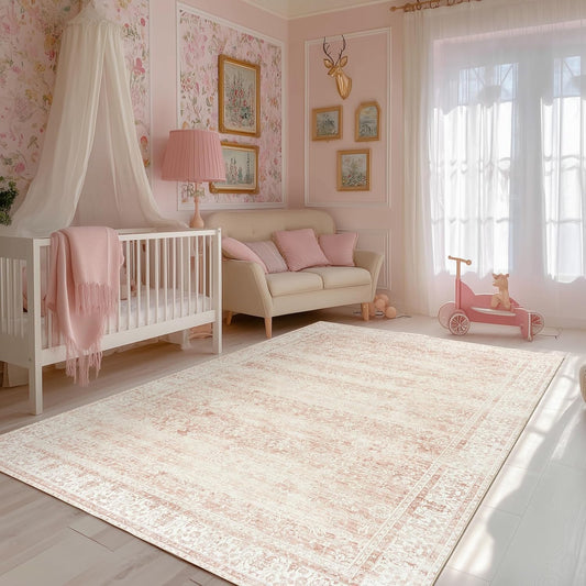 Pink Nursery Rug for Girls Room Vintage Floral Washable 5x7 Rugs for Dorm