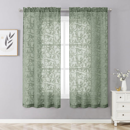 OVZME Sage Green Sheer Curtains 63 Inch Length 2 Panel Set, Light Filtering Bedroom Curtains with Dual Rod Pocket Top, Leaf Bird Clip Jacquard Sheer Farmhouse Window Drapes for Living Room, 2x38Wx63L