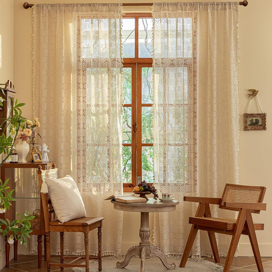 YJ YANJUN Boho Lace Curtains 84 inches Long 2 Panels-Vintage Floral Crochet Sheer Panels with Tassel for Living Room Bedroom Light Filtering Cottagecore Bohemian Farmhouse Drapes Beige W59 x L84