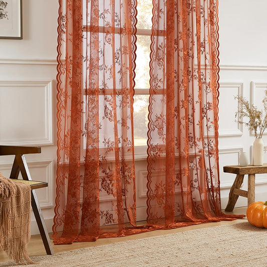 Terracotta Lace Curtains 84 Inches Long Country Rustic Floral Sheer Curtains for Living Room Bedroom Autumn Drapes Rod Pocket Light Filtering Orange Lace Curtain for Dining Room Fall Decor, 52x84