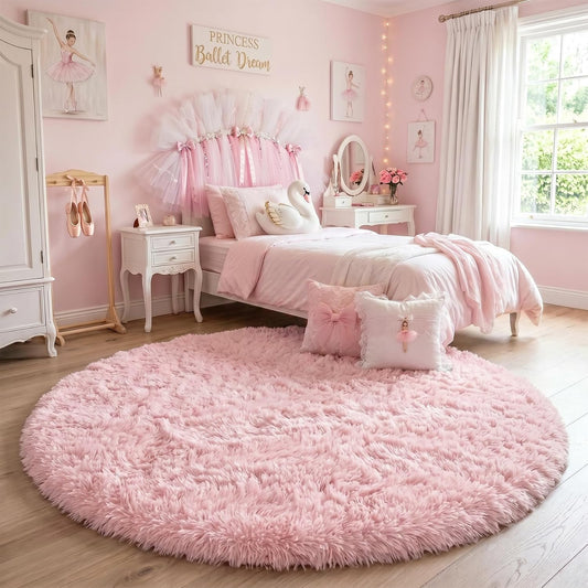 Amdrebio Pink Circle Round Fluffy Area Rug 4Ft for Girls Bedroom Kids Room