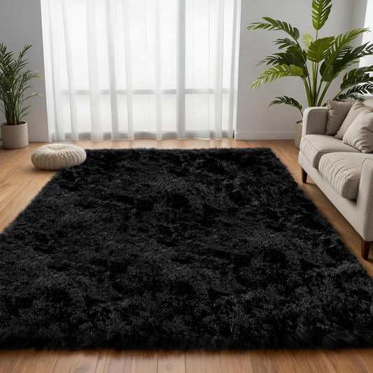 6x9 Black Fluffy Fuzzy Shag Area Rug for Living Room, Bedroom, Dorm Carpet