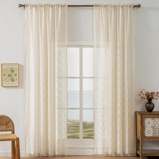 WAZZIO Boho Lace Curtains 2 Panels 84 Inches -Cute Vintage Victorian Sheer Panel Drape French Country Floral Pattern & Tassel Light Filtering Privacy for Bedroom Dining Living Room,Cream,W52x L84