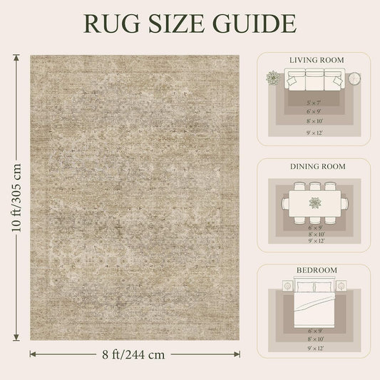 8x10 Washable Boho Area Rug, Dark Beige Farmhouse for Living Room