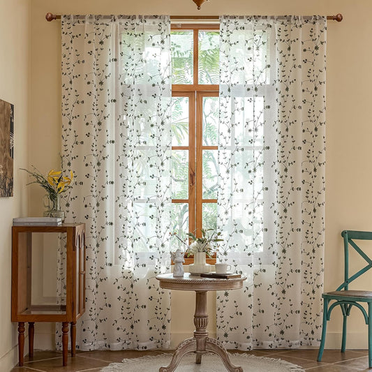 AmHoo 2 Panels Leaf Flora Embroidered Farmhouse Semi Sheer Curtain Voile Curtains for Living Room Bedroom Window Treatment White Sage Green 53 x 84 Inch