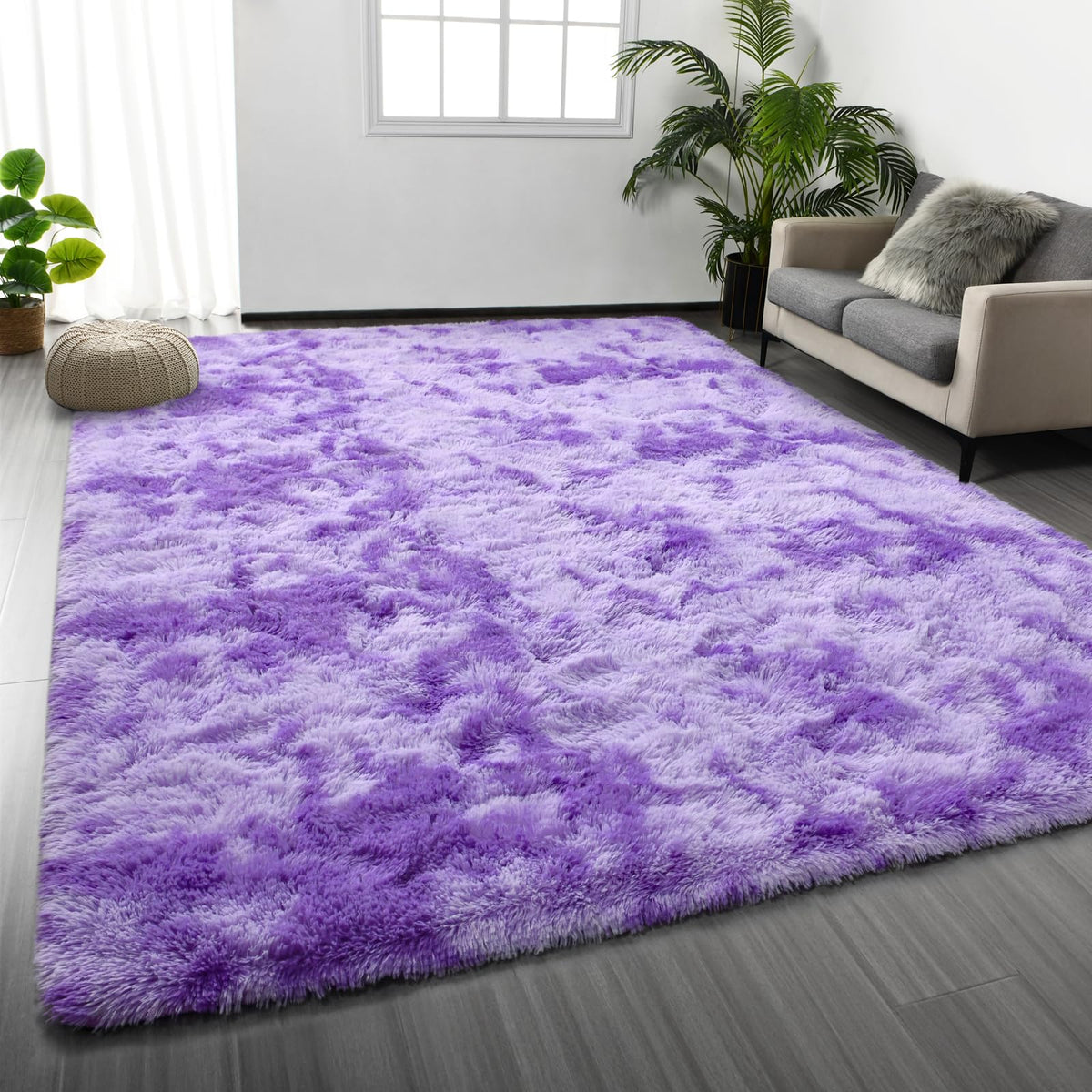 Deerhoo Large Shag Area Rugs 5 x 8, Tie-Dyed Plush Fuzzy Rugs, Light Grey