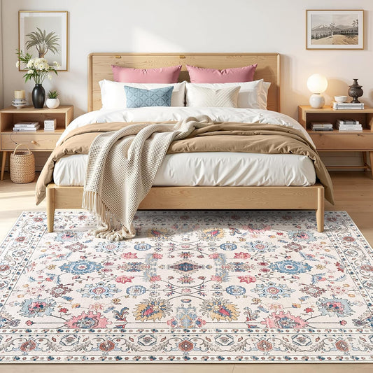 Hanples 5x7 Area Rugs for Living Room, Washable Rug Vintage Floral, Beige