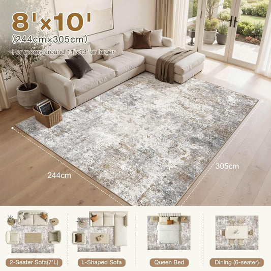 UERMEI 8x10 Area Rug Living Room Rugs - Washable Neutral Modern Abstract Soft Thin Large Rug Indoor Floor No Slip Rug Carpet for Bedroom Under Dining Table Home Office Decor - Brown Grey