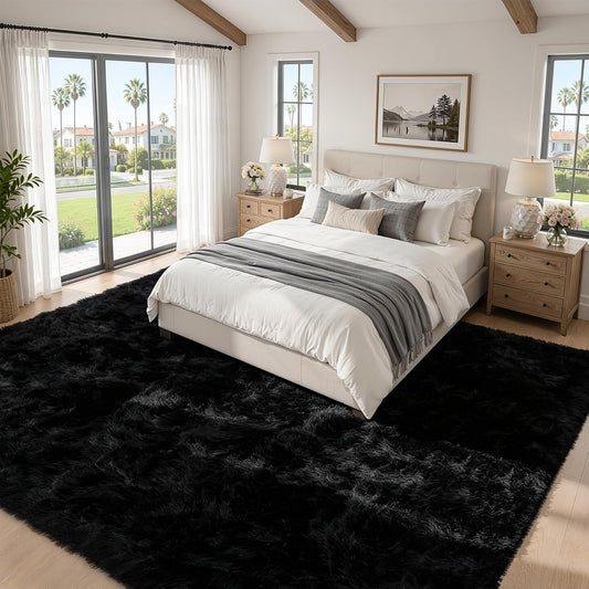 TENGTENGLINK 8x10 Fluffy Shag Area Rug Living Room Bedroom Washable Black