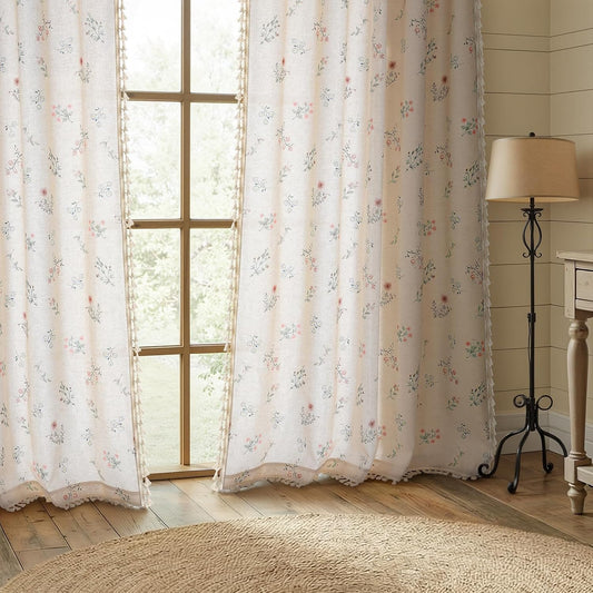 Boho Floral Light Filtering Curtains 84 Inch 2 Panels Linen Texture