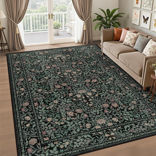 5x7 Area Rug Living Room: Soft Floral Washable Carpet Dark Green