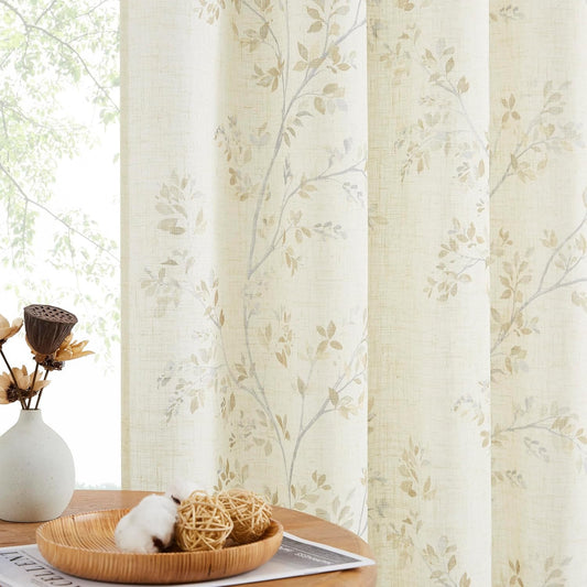 Amzdecor Grey Tan Leaf Linen Light Filtering Curtains for LivingRoom 90Inch