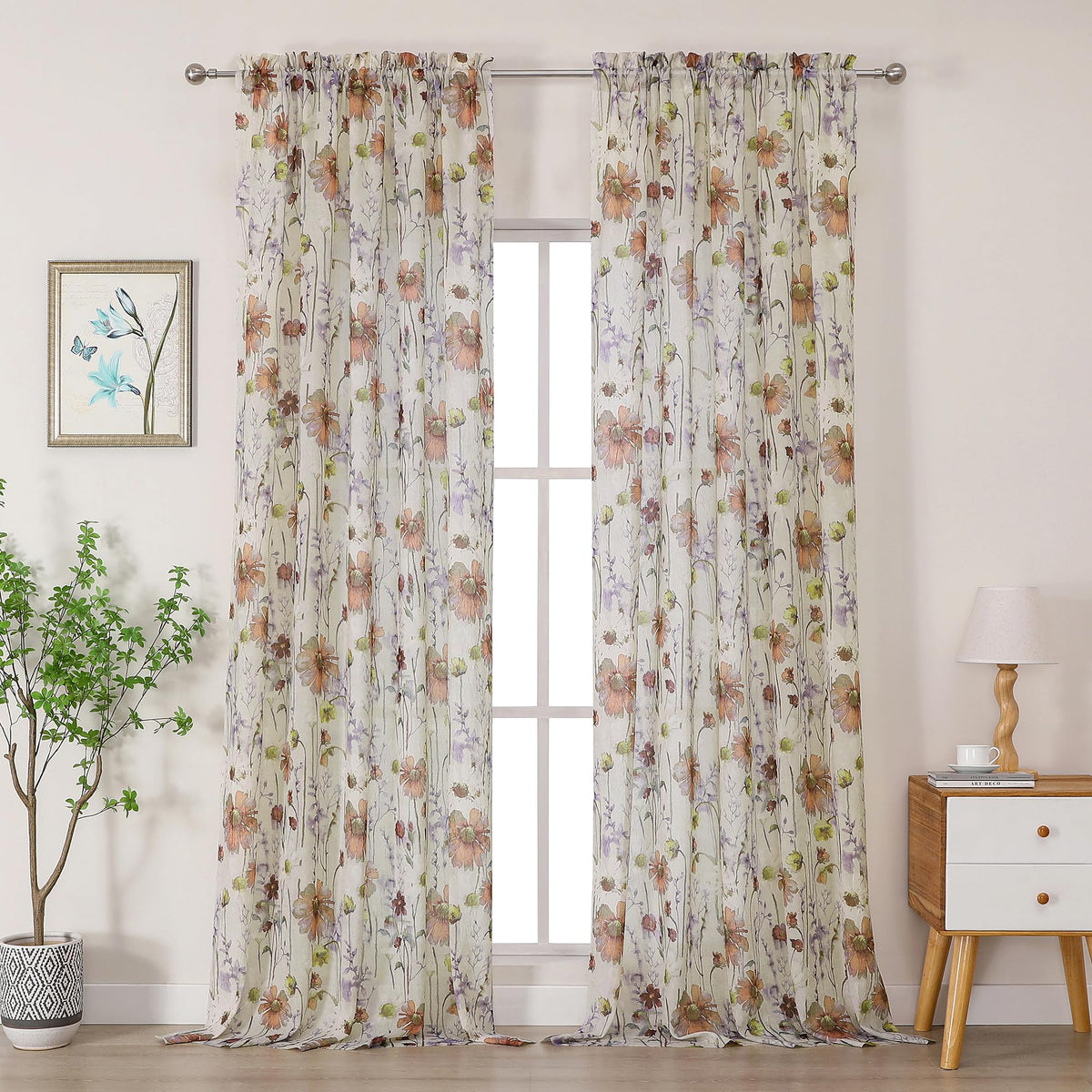OWENIE Crushed Semi Sheer Curtains 72 Inches Length 2 Panels, Floral Pattern Design Rod Pocket Light Filtering Farmhouse Curtains for Bedroom Living Room, 2 Pieces Total 84 Inch Wide, 72 inch Long