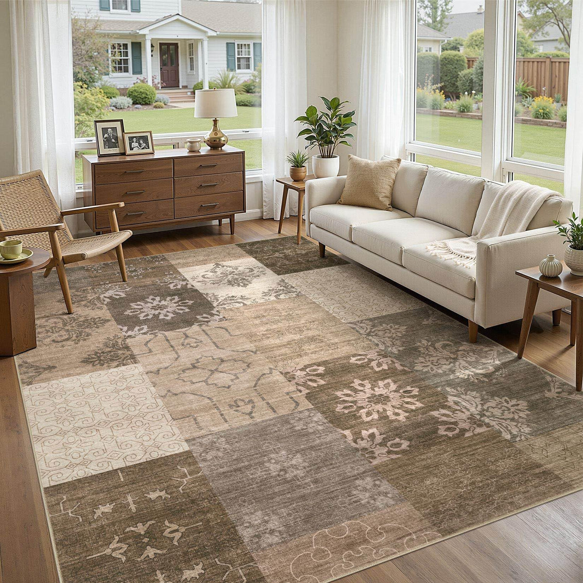 UERMEI 8x10 Area Rug Living Room Rugs - Washable Neutral Modern Abstract Soft Thin Large Rug Indoor Floor No Slip Rug Carpet for Bedroom Under Dining Table Home Office Decor - Brown Grey