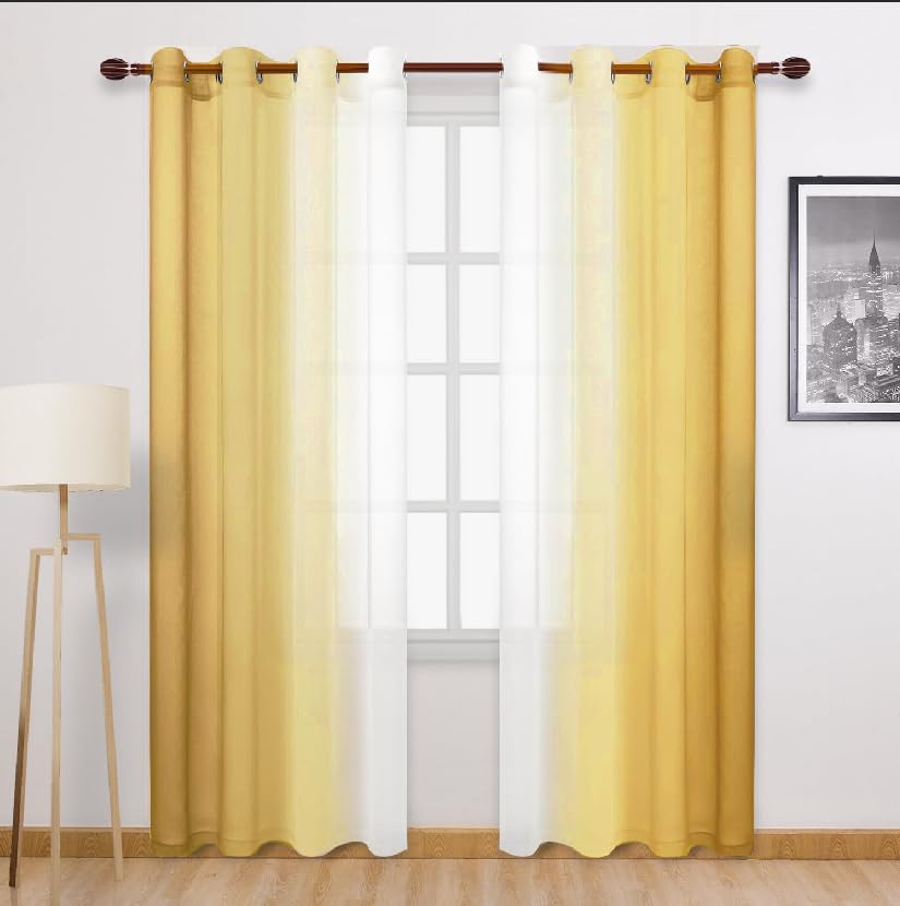 DWCN Blue Linen Ombre Sheer Curtains - Semi Voile Gradient Grommet Top Curtains for Bedroom and Living Room, Set of 2 Window Curtain Panels, 52 x 84 Inches Long, Denim Blue