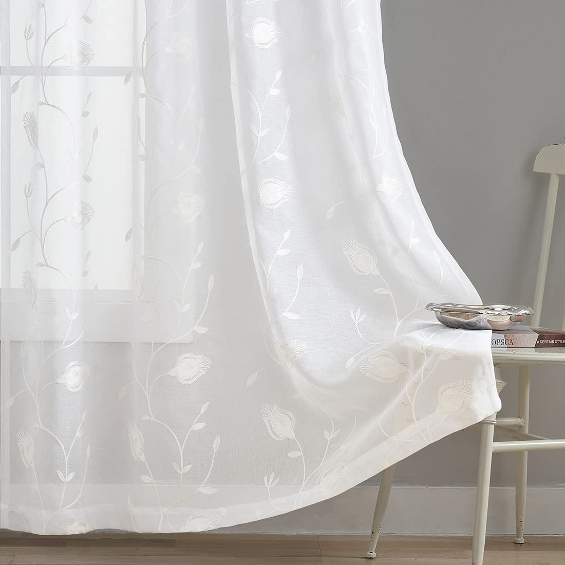MYSTIC-HOME Sheer Curtains White 63 Inch Length, Rod Pocket Voile Drapes for Living Room, Bedroom, Window Treatments Semi Crinkle Curtain Panels for Yard, Patio, Villa, Parlor, Set of 2, 52"x 63"