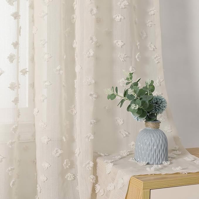 MYSKY HOME Beige Boho Sheer Curtains with Cream Pom Pom 50Wx84L,2 Panels