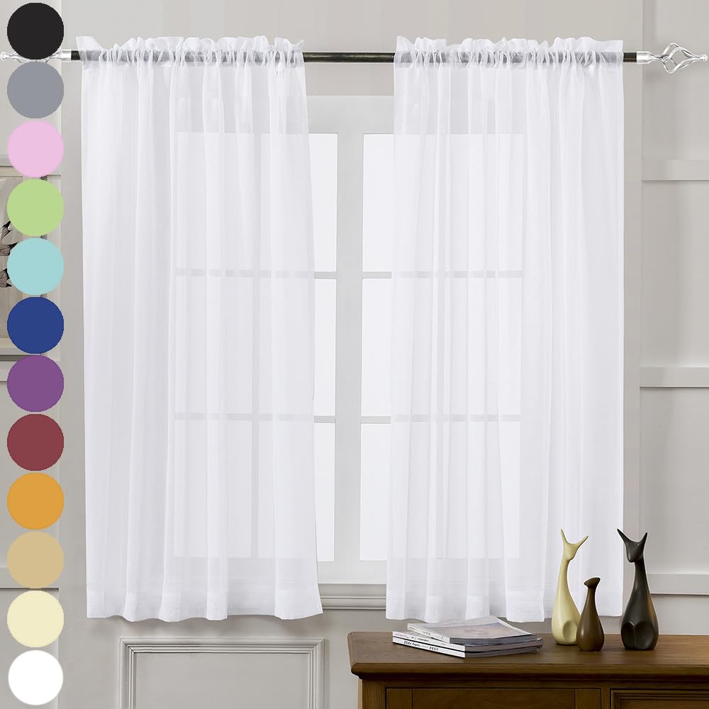 MYSTIC-HOME Sheer Curtains White 63 Inch Length, Rod Pocket Voile Drapes for Living Room, Bedroom, Window Treatments Semi Crinkle Curtain Panels for Yard, Patio, Villa, Parlor, Set of 2, 52"x 63"