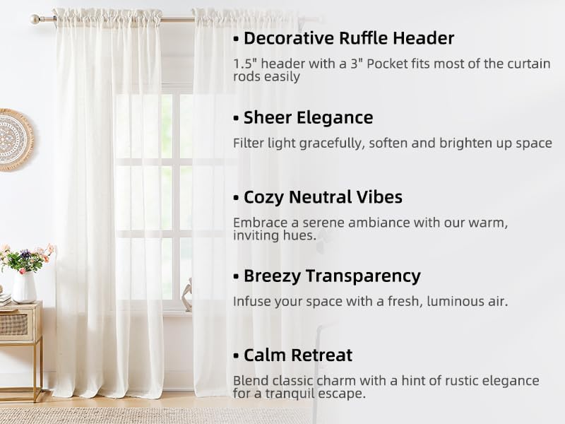 Flax Sheer Linen Curtains for Living Room 52"x84" 2pk Beige Natural White