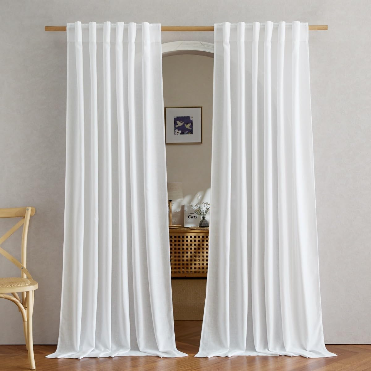 NICETOWN Natural Linen Curtains & Drapes for Windows 84 inch Long, Rod Pocket & Back Tab Thick Flax Semi Sheer Privacy Assured with Light Filtering for Bedroom/Living Room, W55 x L84, 2 Pieces