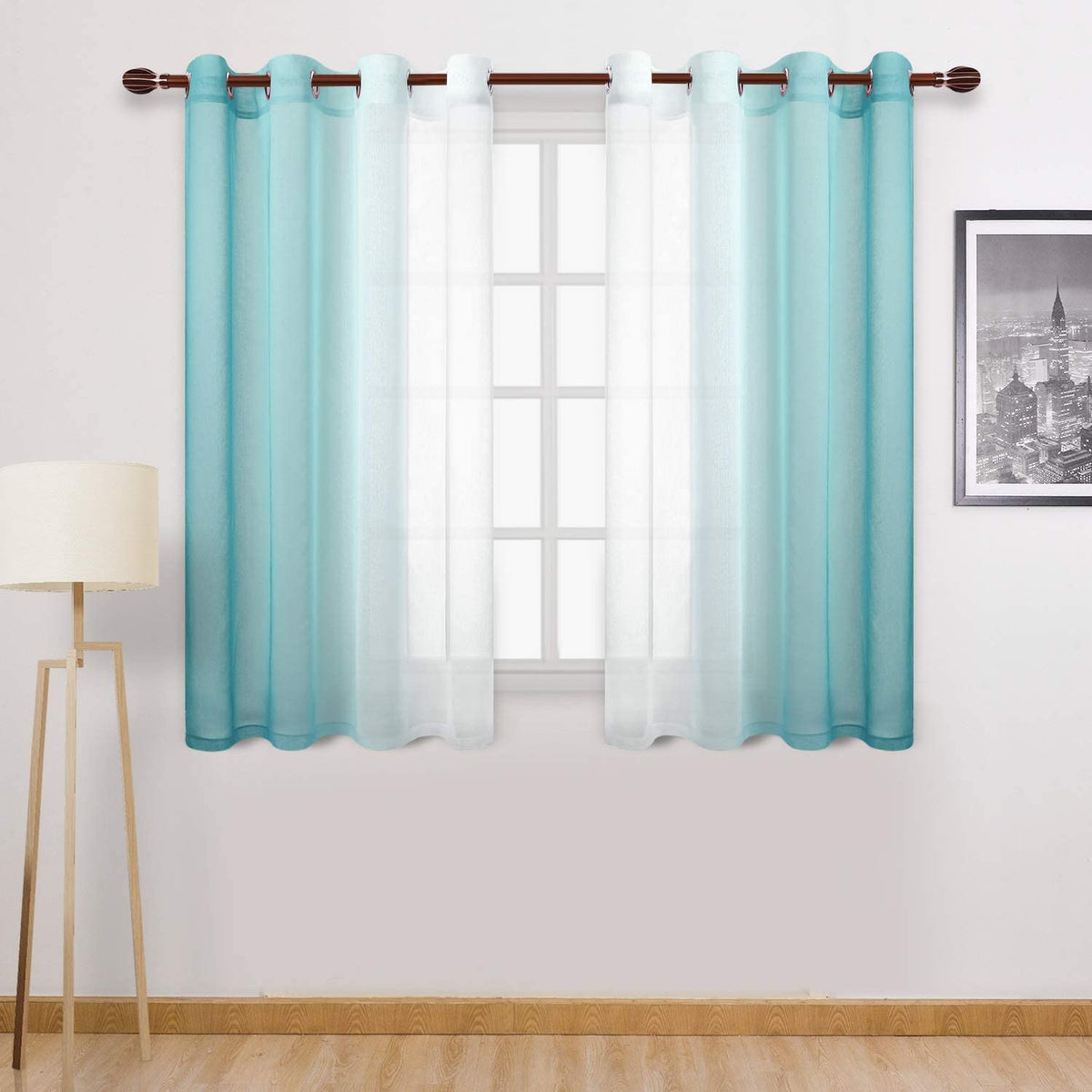 DWCN Blue Linen Ombre Sheer Curtains - Semi Voile Gradient Grommet Top Curtains for Bedroom and Living Room, Set of 2 Window Curtain Panels, 52 x 84 Inches Long, Denim Blue
