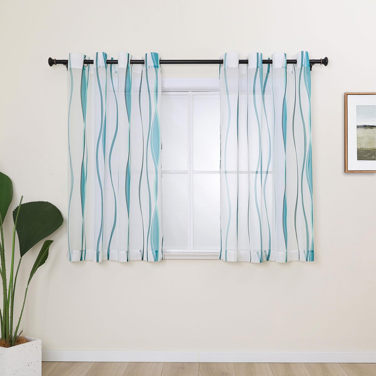 L.Z.E White and Teal Sheer Curtains 84 Inches Long, Light Filtering Elegant Patterned Curtains with Design for Living Room Bedroom Dining Room, Lightweight Window Drapes, Grommet Top 2 Panels Set