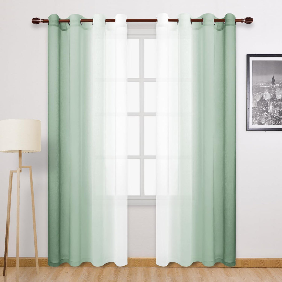 DWCN Blue Linen Ombre Sheer Curtains - Semi Voile Gradient Grommet Top Curtains for Bedroom and Living Room, Set of 2 Window Curtain Panels, 52 x 84 Inches Long, Denim Blue