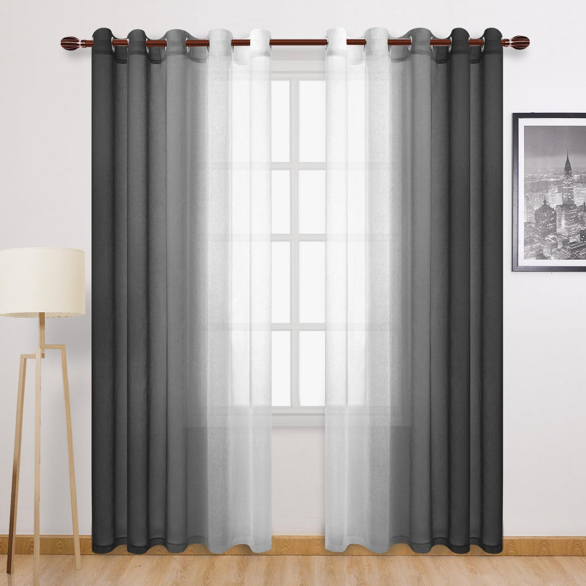 DWCN Blue Linen Ombre Sheer Curtains - Semi Voile Gradient Grommet Top Curtains for Bedroom and Living Room, Set of 2 Window Curtain Panels, 52 x 84 Inches Long, Denim Blue