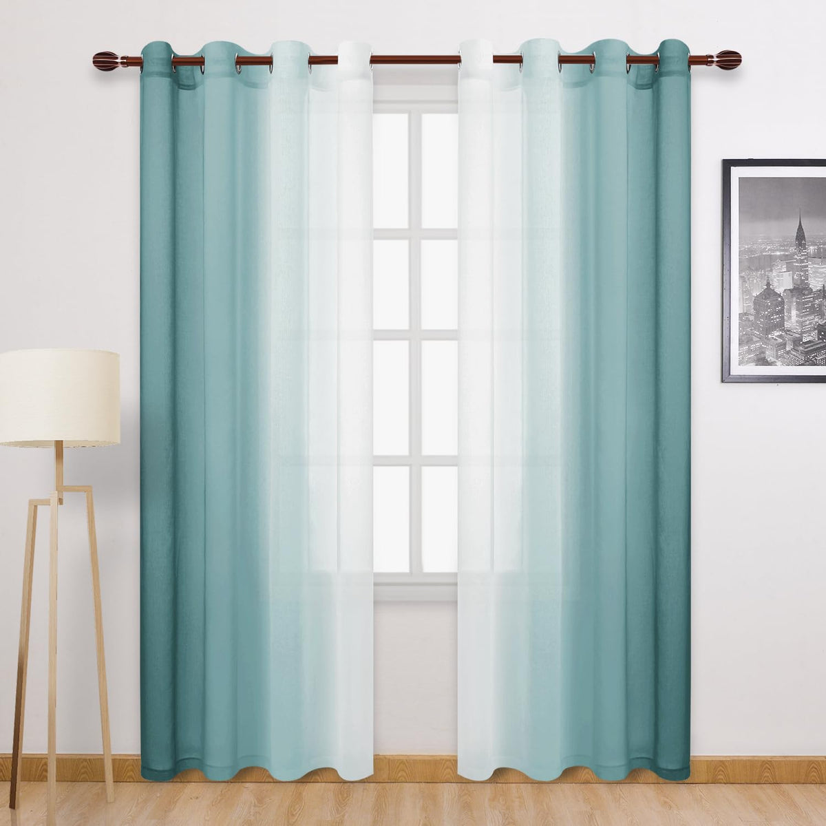DWCN Blue Linen Ombre Sheer Curtains - Semi Voile Gradient Grommet Top Curtains for Bedroom and Living Room, Set of 2 Window Curtain Panels, 52 x 84 Inches Long, Denim Blue