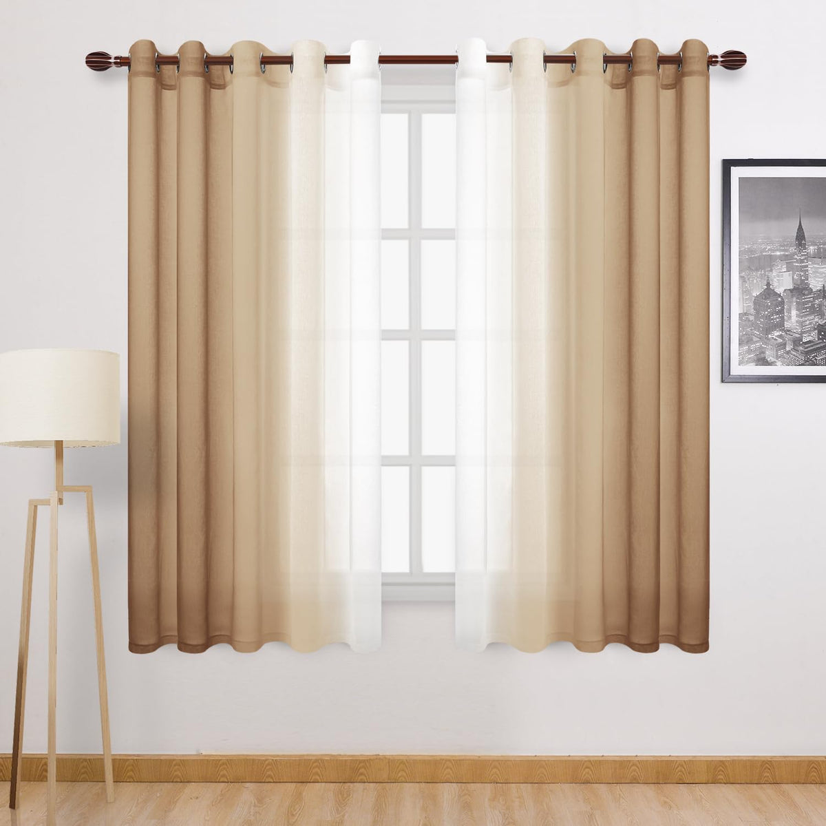 DWCN Blue Linen Ombre Sheer Curtains - Semi Voile Gradient Grommet Top Curtains for Bedroom and Living Room, Set of 2 Window Curtain Panels, 52 x 84 Inches Long, Denim Blue