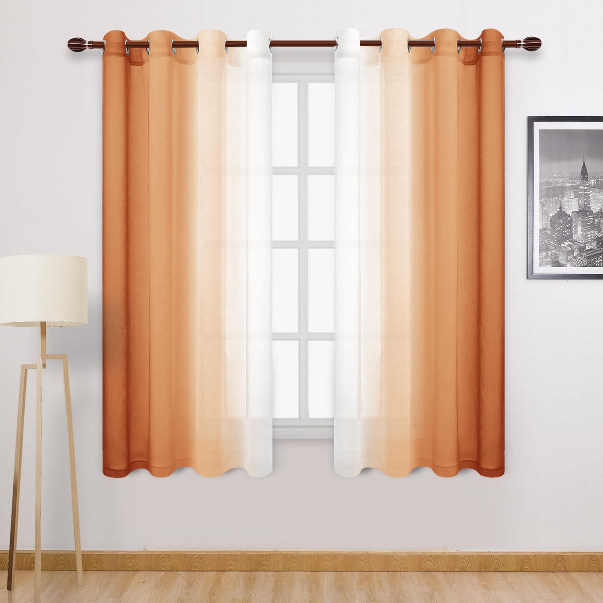 DWCN Blue Linen Ombre Sheer Curtains - Semi Voile Gradient Grommet Top Curtains for Bedroom and Living Room, Set of 2 Window Curtain Panels, 52 x 84 Inches Long, Denim Blue