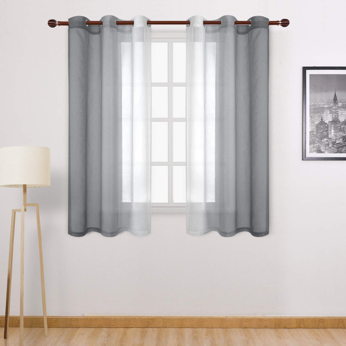 DWCN Blue Linen Ombre Sheer Curtains - Semi Voile Gradient Grommet Top Curtains for Bedroom and Living Room, Set of 2 Window Curtain Panels, 52 x 84 Inches Long, Denim Blue