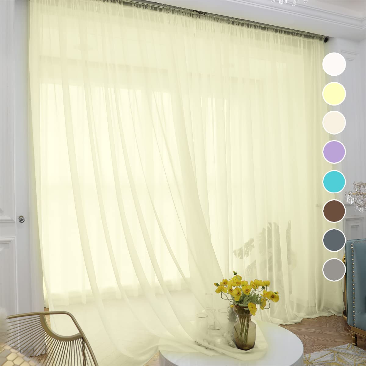 ABCHOME White Sheer Curtains 84 Inches Long 2 Panels,Rod Pocket Voile Semi Sheer Window Curtains for Kitchen, Bedroom and Living Room(White, 52 W x 84 L)