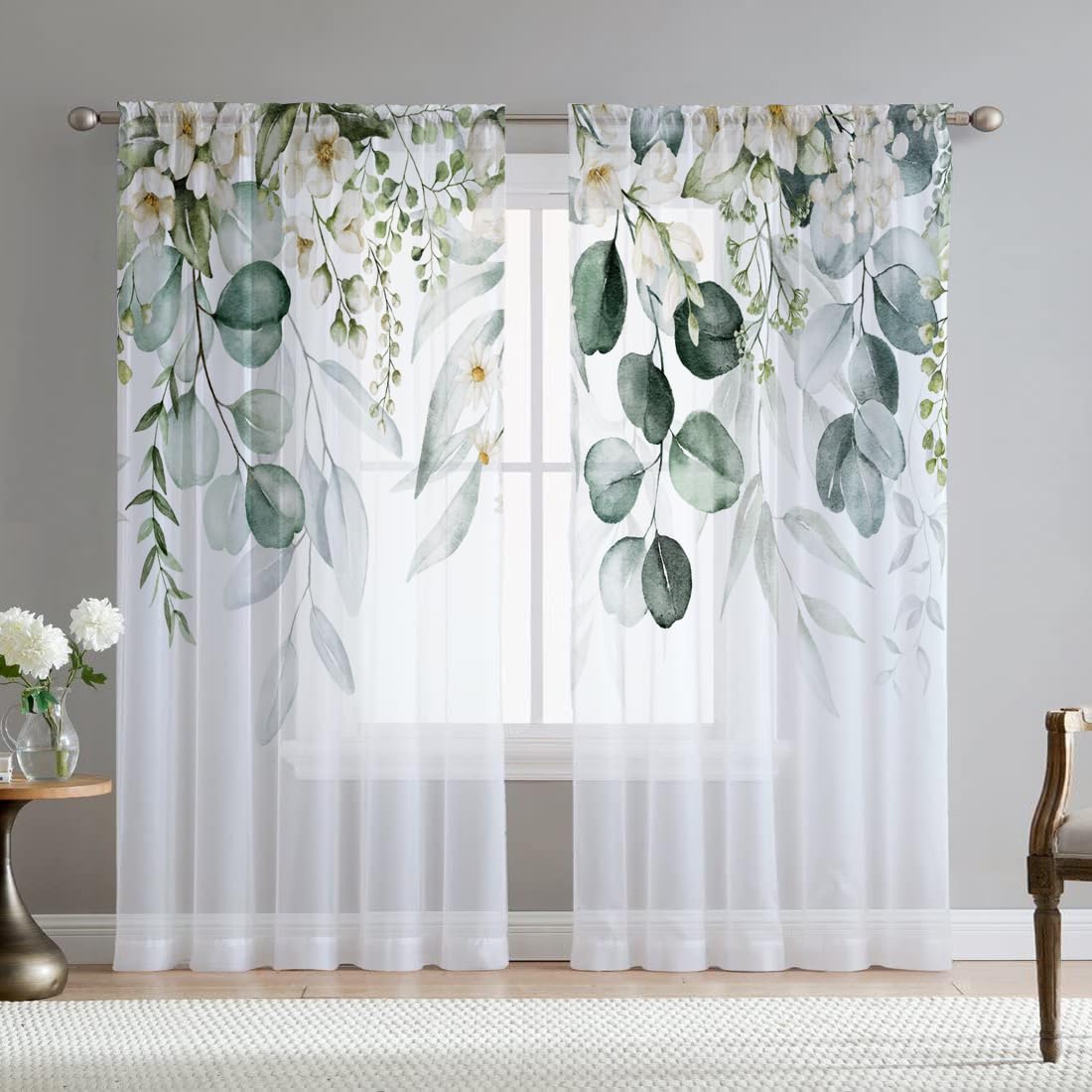 Green Eucalyptus Leaves Sheer Curtains for Living Room 84 inch Length 2 Panels Set Elegant Wild Flower Floral Spring Printed Window Curtain Natural Chiffon Drapes for Bedroom